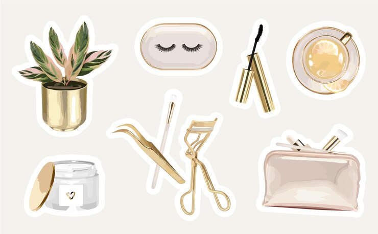 Pegatinas cosméticas con herramientas de extensión de pestañas y objetos modernos.