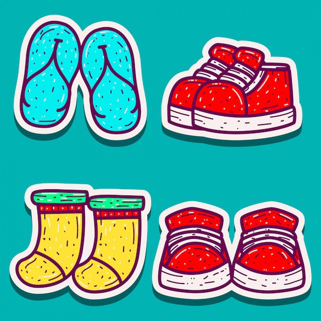 Vector pegatinas de dibujos animados de diseño doodle para zapatos, sandalias y calcetines