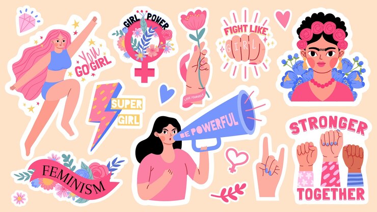 Vector pegatinas de dibujos animados con símbolo de feminismo y cita, poder femenino. activista por los derechos de las mujeres. frida kahlo. conjunto de vector de personaje femenino fuerte feminista