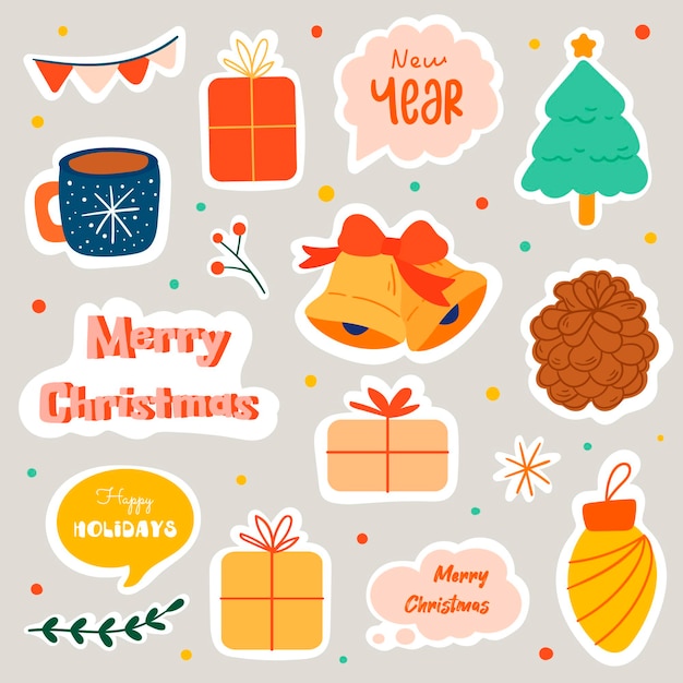 Pegatinas de diferentes atributos de Feliz Navidad en vector Conjunto de pegatinas de Feliz Año Nuevo