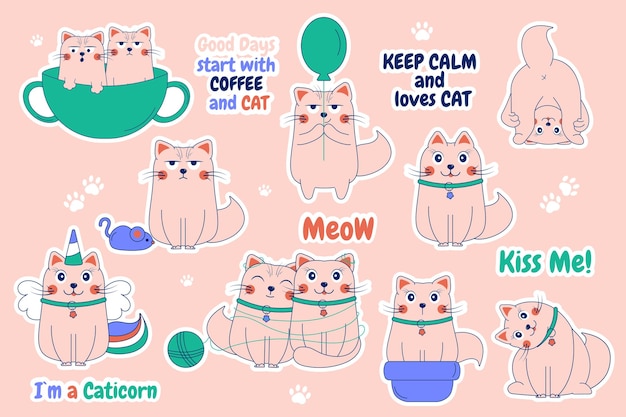 Pegatinas divertidas dibujos animados gatos garabato Personaje gato Letras gato Unicornio gato