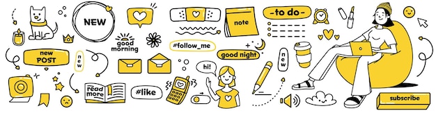 Pegatinas de doodle modernas para redes sociales. colección de vectores. el juego de parches más lindo. dibuje iconos lindos en colores amarillo y negro sobre fondo blanco