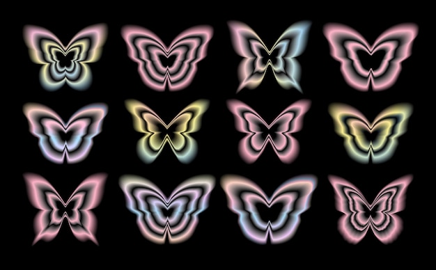 Pegatinas con un efecto Y2K borroso Formas de mariposa en estilo retro moderno Ilustración vectorial