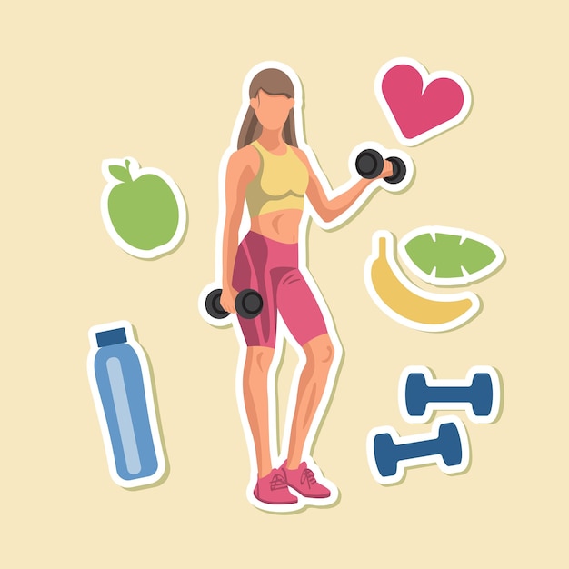 Pegatinas de fitness sin rostro Mujer caucásica en ropa deportiva de pie y haciendo ejercicio con pesas y elementos de fitness Ilustración vectorial