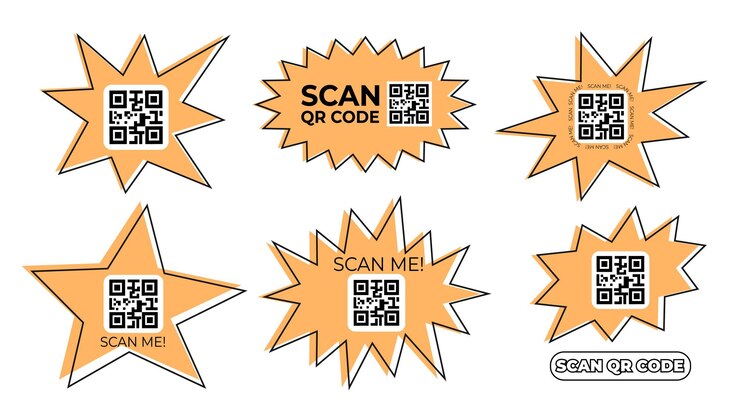 Vector pegatinas en forma de estrella de múltiples puntas y estallido de sol con espacio para un código qr