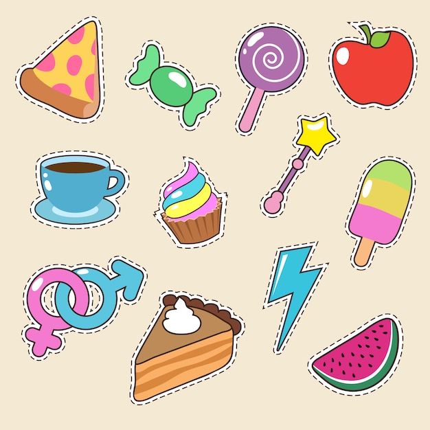 Vector pegatinas de frutas, pizzas, cafés y caramelos. colección de parches de moda para niña.