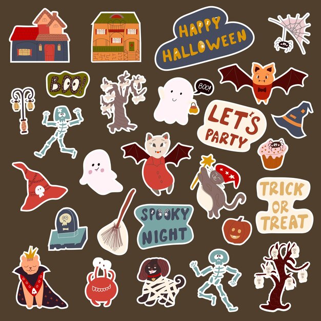 Pegatinas de garabatos de Feliz Halloween con lindos personajes de dibujos animados Ilustración vectorial