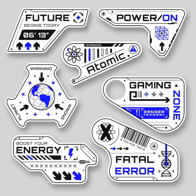 Pegatinas geométricas de ciencia ficción formas futuristas en diferentes formas insignias en estilo cyberpunk con inscripciones divertidas elementos hud modernos