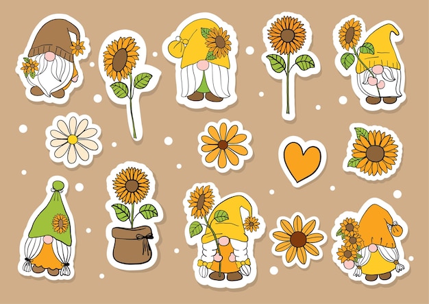 Pegatinas de girasoles y gnomos de diseño plano