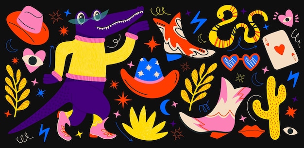 Pegatinas hippie retro cocodrilo años 90 elementos de personajes retro de ácido psicodélico Tema vaquero