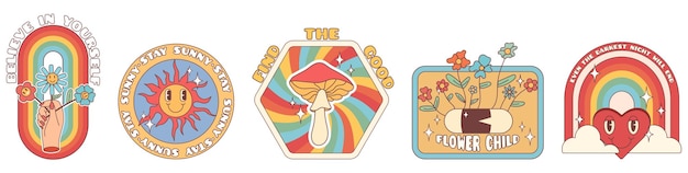 Pegatinas hippies geniales de los 70. Divertida flor de dibujos animados, arco iris, corazón, margarita, champiñón, etc.