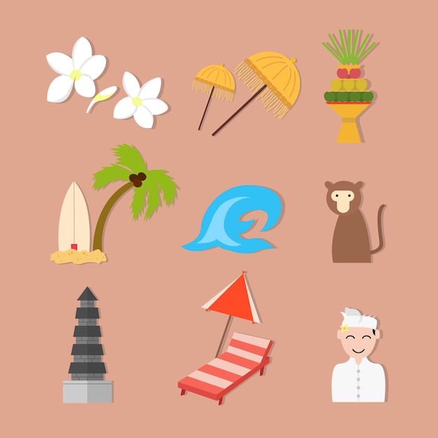 Pegatinas de iconos de Bali que describen las características de Bali