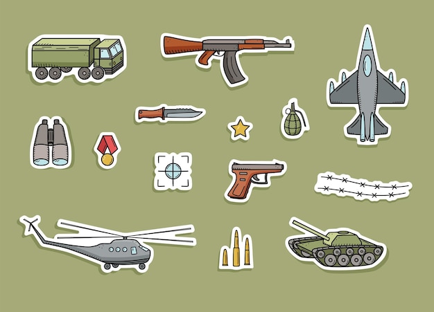 Pegatinas Iconos de colores de garabatos militares Ilustración vectorial de un conjunto de artículos del ejército de equipos militares