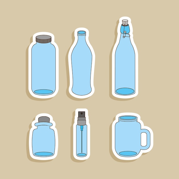 Vector pegatinas de iconos de vasos de botella. ilustración vectorial