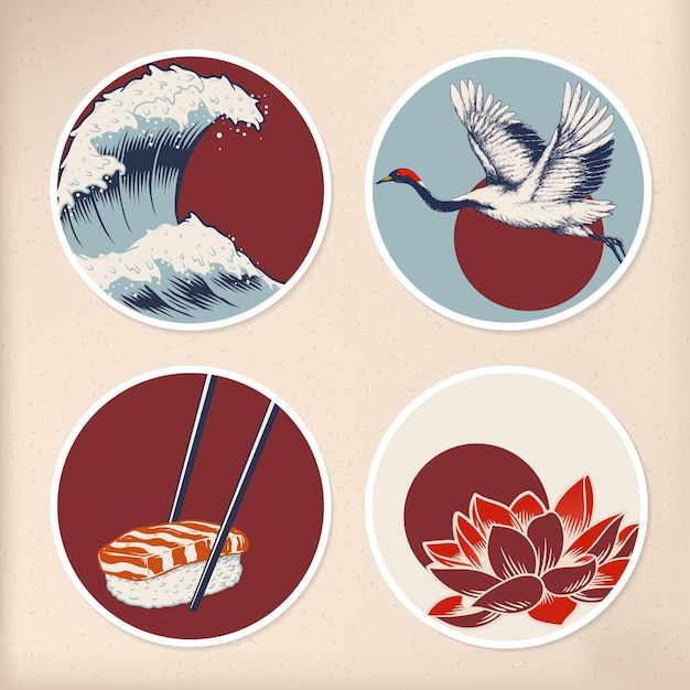 Pegatinas japonesas tradicionales en vector de fondo beige