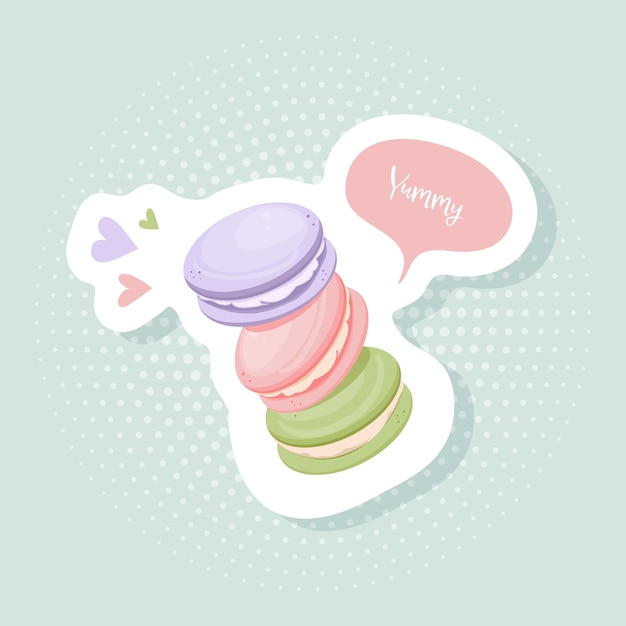 Vector pegatinas de macarons en arte pop, estilo retro vintage