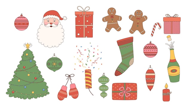 Pegatinas de Navidad y año nuevo en estilo retro de dibujos animados. Cabeza de Papá Noel, pan de jengibre, guirnaldas y regalo.