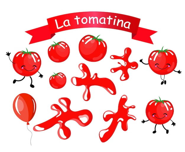 Vector pegatinas objetos aislados para decoración de la fiesta española de la batalla del tomate la tomatino