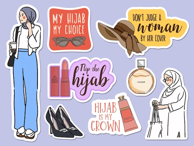 Pegatinas con objetos y una joven musulmana moderna con un hijab