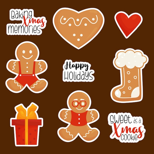 Vector pegatinas de pan de jengibre de navidad regalo de corazón de bota de hombre de pan de jengibre lindo inscripción genial de felicitación