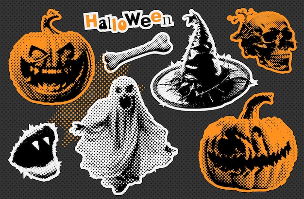 Pegatinas de papel de Halloween con elementos de collage de medios tonos calabaza de semitonos sombrero de bruja fantasma vampiro s