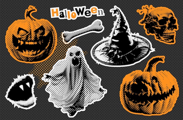 Pegatinas de papel de halloween con elementos de collage de medios tonos calabaza de semitonos sombrero de bruja fantasma vampiro s