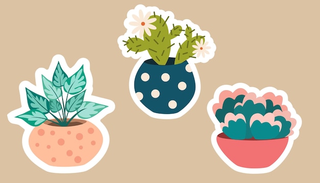 Pegatinas de plantas de casa Juego de pegatinas de plantas suculentas de patee tropical hygge Colección de plantas de estilo lagom acogedor en estilo de dibujos animados Mano dibujar paquete de vectores