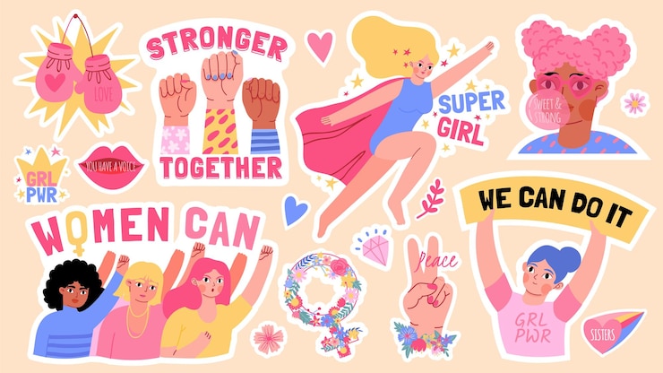 Vector pegatinas de poder de chicas planas con puños en alto y lemas de feminismo. fuertes derechos de las mujeres negras. super chica. conjunto de vectores de símbolos de movimiento feminista. ilustración de la etiqueta engomada del feminismo, el poder de la cita feminista