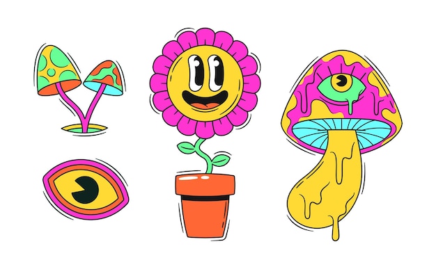 Las pegatinas presentan setas abstractas vibrantes, flores de manzanilla en la olla y parches de diseño colorido.