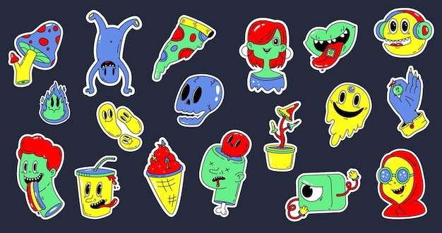 Pegatinas psicodélicas de dibujos animados imágenes extrañas Elementos de colores de neón surrealistas Groovy de los años 70 y 80 Caras trippy de hongos inusuales y personajes vectoriales locos y cómodos Ilustración de los años 70 psicodélicos