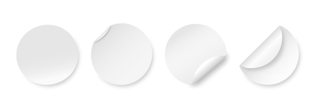 Pegatinas redondas en blanco blanco Etiqueta de círculo de esquina curvada maqueta envuelta Etiquetas de publicación maqueta de hoja de papel de borde de rizo realista plantilla de vector exacto