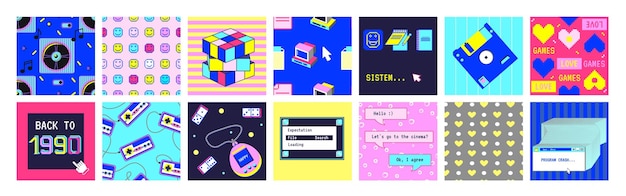Pegatinas retro de los años 90 Carteles cuadrados coloridos abstractos de la década de 1990 elementos y patrones de nostalgia pestaña de diálogo del navegador vintage retro computadora interfaz tecnología fondo vector conjunto de dibujos animados