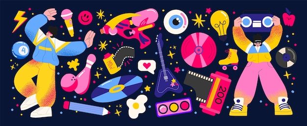 Pegatinas retro de dibujos animados Elementos de los años 90 Personajes de garabatos geniales abstractos parches y sellos de vectores cómicos