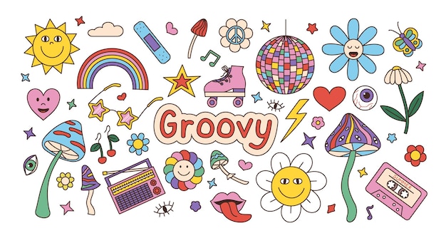 Pegatinas retro groovy Disco de los años 70 Arco iris y flores Hongos alucinógenos Bola psicodélica Corazón de amor Símbolos de paz Labios y ojos Conjunto de etiquetas hippie Ilustración de dibujos animados vectoriales