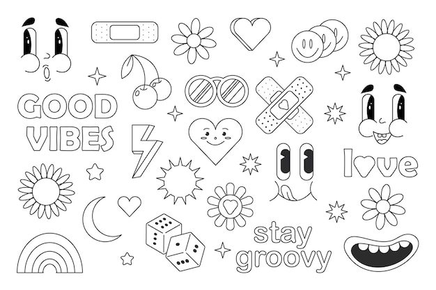 Pegatinas retro hippie de los años 70, elementos geniales. Doodle style.Free vector dibujado a mano conjunto de elementos y2k