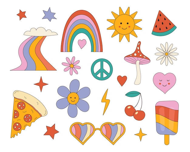 Vector pegatinas retro hippie cartoon psychedelic vintage clipart flor, hongo al estilo de los años 70