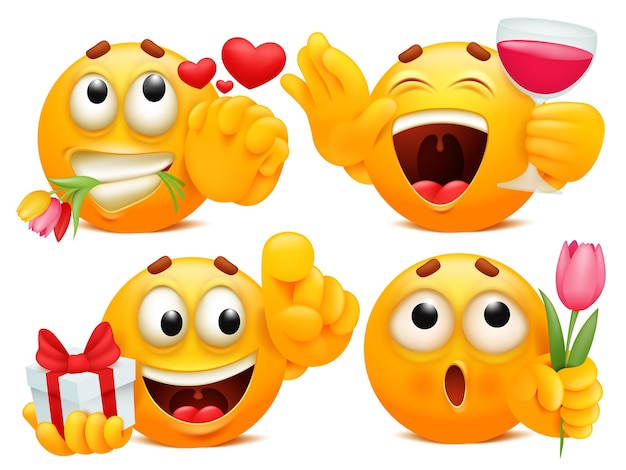 Pegatinas románticas. Conjunto de cuatro personajes emoji de dibujos animados amarillos en diversas situaciones