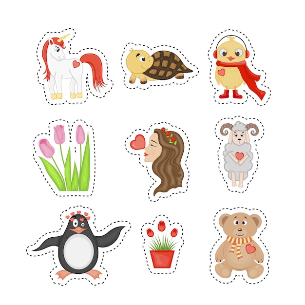 Vector pegatinas de san valentín con lindos animales.