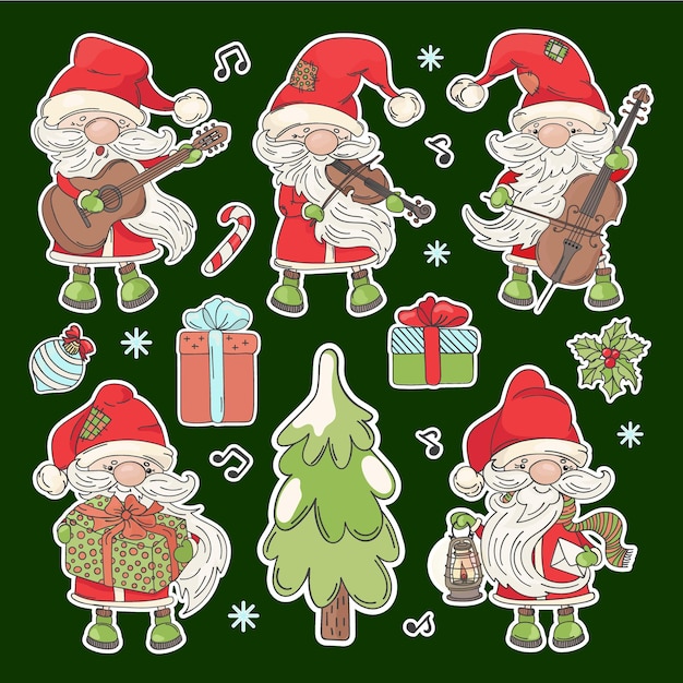 Pegatinas de santa claus de dibujos animados con instrumentos musicales árbol de navidad y regalos de año nuevo para imprimir y conjunto de ilustración de vector de imágenes prediseñadas de corte de plotter