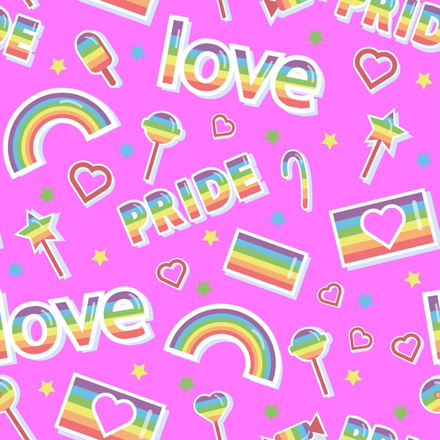 Pegatinas sobre un fondo rosa. Patrón sin costuras. Orgullo LGBT asociado con símbolos LGBT. Amor, arco iris, banderas, piruletas arcoiris.