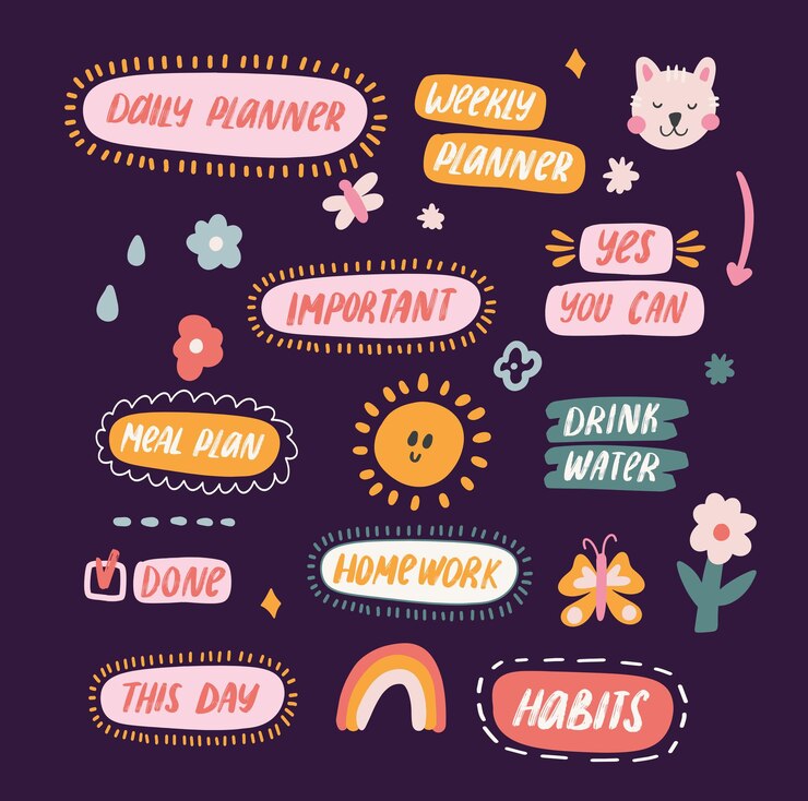 Vector pegatinas de tipografía kawaii para planificador diario y semanal