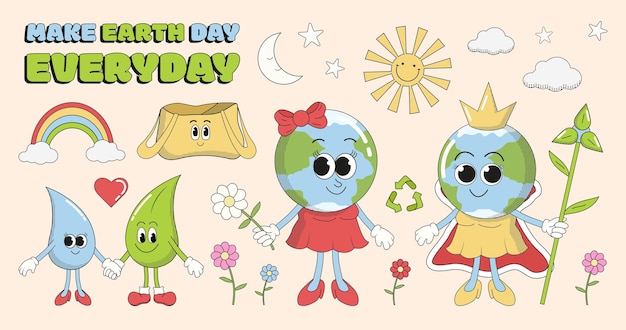 Pegatinas vectoriales retro del Día de la Tierra y dibujo en estilo maravilloso de la década de 1970 Conjunto temático de vacaciones del Día de la Tierra de n
