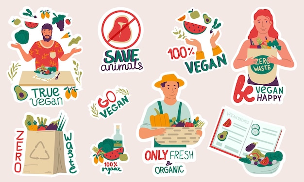 Pegatinas veganas y de reciclaje Los vegetarianos cocinan y comen verduras y frutas Personas con bolsas ecológicas reutilizables Estilo de vida sin desperdicio Agricultura ecológica que cultiva productos orgánicos conjunto de vectores