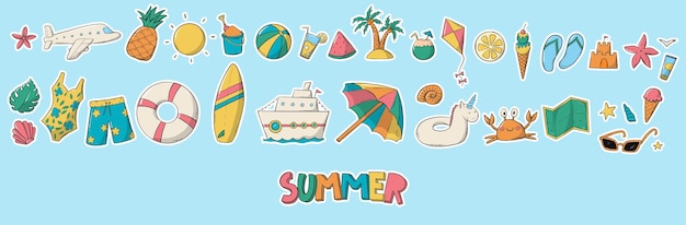 Vector pegatinas de verano con garabatos dibujados a mano con borde blanco para planificadores imprime tarjetas