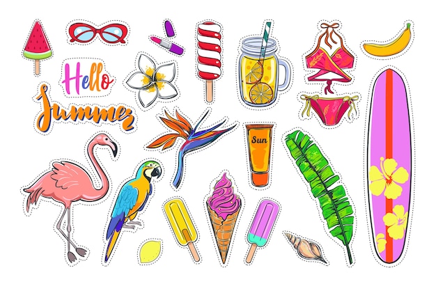 pegatinas de verano tropical con surf y flamencos