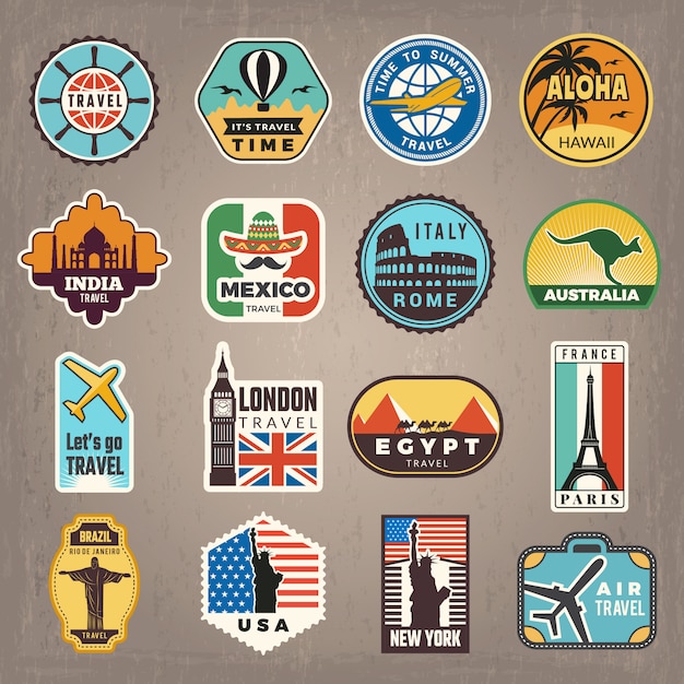 Pegatinas de viaje. insignias de vacaciones o logotipos para viajeros vector imágenes retro