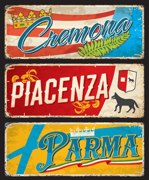 Vector pegatinas de viaje italiano cremona piacenza parma