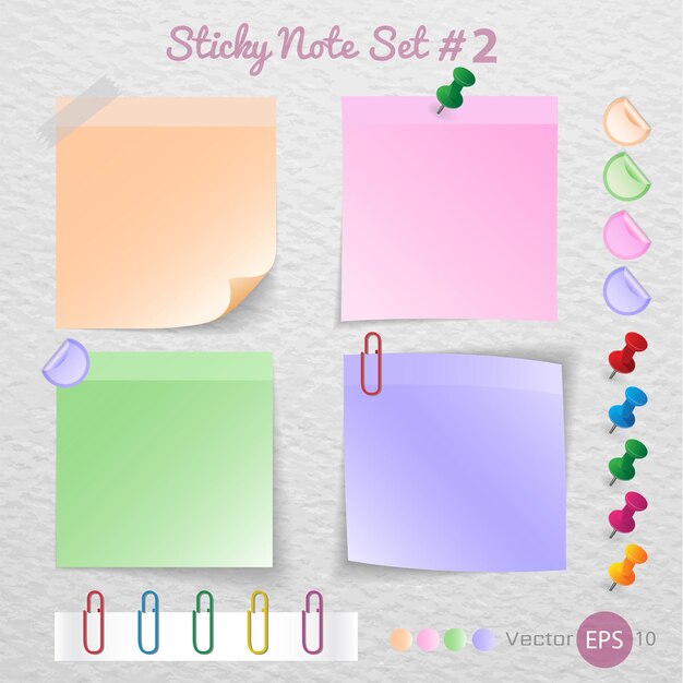 Pegue el papel de nota con el conjunto de colores Aislar sobre fondo blanco Ilustración vectorial