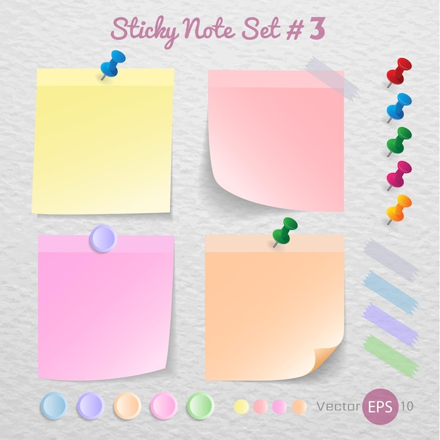 Pegue el papel de nota con el conjunto de colores Aislar sobre fondo blanco Ilustración vectorial