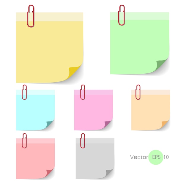 Pegue el papel de nota con el conjunto de colores Aislar sobre fondo blanco Ilustración vectorial